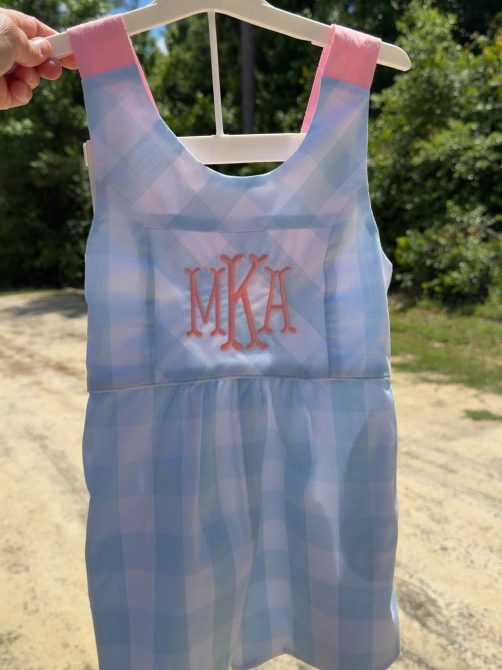 The Beaufort Bonnet Company Light Blue & Pink Plaid Girls' Monogram Pinafore